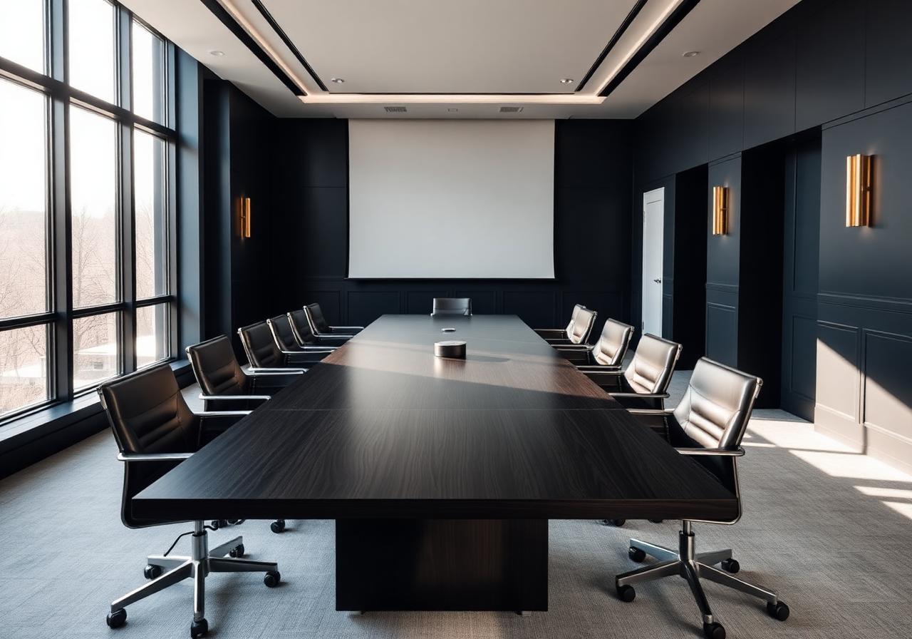 Sala de reuniões corporativa em tons sóbrios